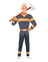 Brave firefighter in action. Man from fire brigade, standing full face in form of fireman, with personal protective equipment. Safety, rescue and emergency service concept