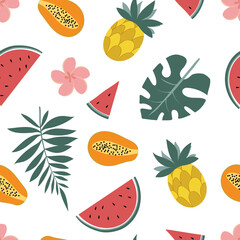Seamless tropical pattern, Summer repeat print, Exotic fruits wallpaper,  Fruits and palm leaves background, Pineapple, Watermellon, Papaya, Palm leaf, Monstera leaf