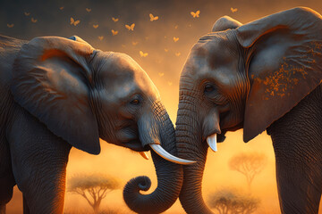 romantic moment between two majestic elephants touching trunks in a golden savannah sunset, generative ai