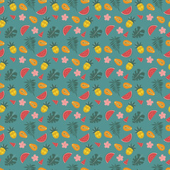 Seamless tropical pattern, Summer repeat print, Exotic fruits wallpaper,  Fruits and palm leaves background, Pineapple, Watermellon, Papaya, Palm leaf, Monstera leaf