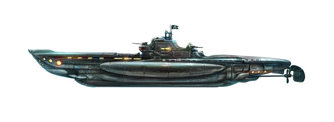 Fantastic pirate submarine in the underwater environment. Digital art, raster illustration.