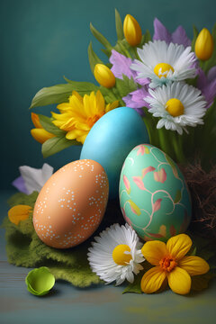 Easter decoration. Easter composition with colored eggs and flowers on tortoise background. Generative AI