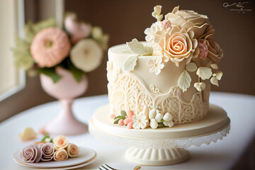 Obraz na płótnie Canvas Wedding Flower Cake - Classic and Beautiful Wedding Cake - Decorated with White Roses - ai generated