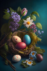 Fototapeta na wymiar Easter decoration. Easter composition with colored eggs and flowers on dark background. Generative AI