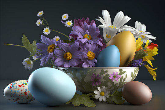 Easter decoration. Easter composition with colored eggs and flowers on dark background. Generative AI