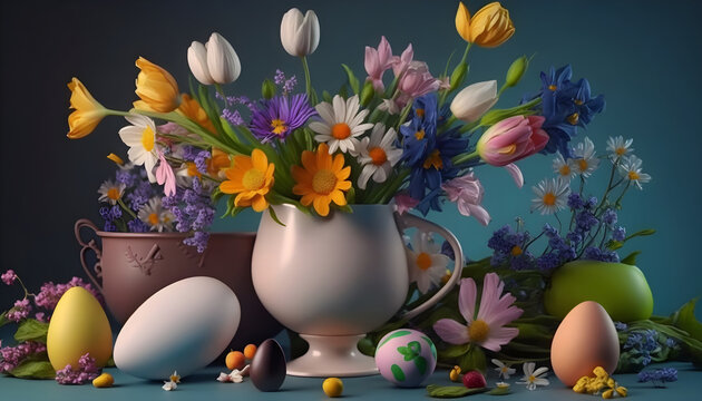 Easter decoration. Easter composition with colored eggs and flowers on dark background. Generative AI