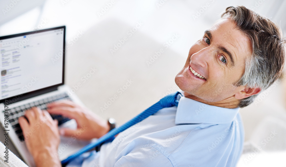 Poster doing business is easier than ever. portrait of a mature businessman using a laptop while sitting on