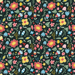 A pattern with bright abstract flowers, leaves, branches on a dark background. Vector seamless pattern in retro style for textiles, wallpaper, cover and packaging.