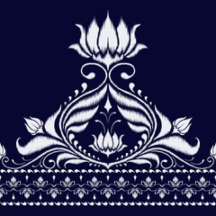 Ikat floral exotic embroidery use white on navy blue background.geometric ethnic oriental pattern traditional.vector illustration.design for texture,fabric,clothing,wrapping,sarong,decoration,beautifu