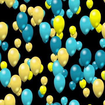 Blue and yellow air party balloons on black background seamless pattern tile