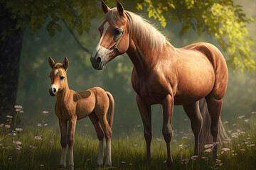 Young Foal standing next to its proud mother in a lush green meadow, generative ai