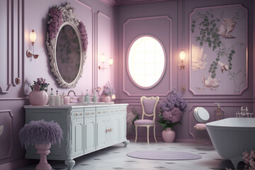 generative AI illustration with an interior bathroom with a nice bathtub, light purple palette, surreal mood,  luxury home decor concept theme