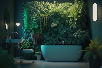 generative AI illustration with an interior bathroom with a nice bathtub, jungle green wall,   luxury home decor concept theme