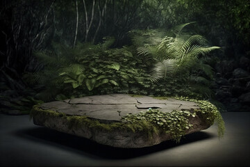 big stone platform on green full plant jungle, generative ai illustration