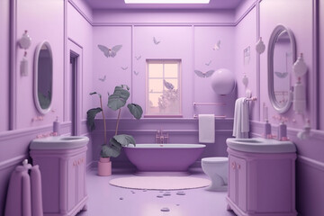 generative AI illustration with an interior bathroom with a nice bathtub, light purple palette,   luxury home decor concept theme