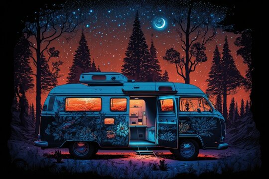 Van life in camping on nature galaxy background. Generative AI