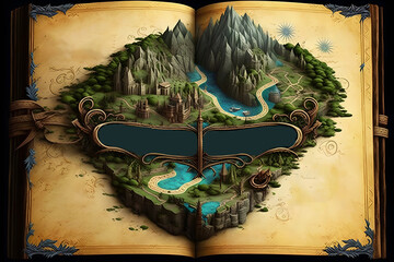 3D rendered fantasy map | magical world filled with lush forests, towering mountains, sprawling cities. vivid and bright colors, map invites you to explore the mysteries of this enchanting realm. Ai