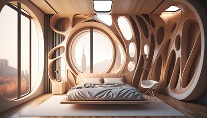 Obraz na płótnie Canvas Ultra modern futuristic, bed room with 3d wooden wall so that the bedroom is as special as you are, interior