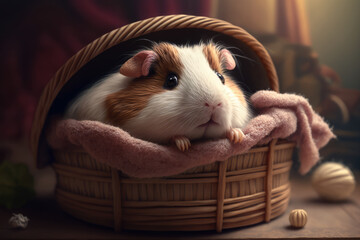 Young guinea pig sitting in a cozy basket with a shy expression and cute round eyes, generative ai