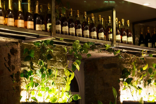 Estanter&iacute;a de vinos y champa&ntilde;as en restaurante con decoraci&oacute;n natural