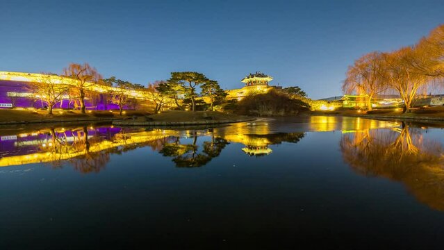 Time lapse 4k at Night view of Janganmun Gate in Hwaseong Fortressat at Suwon city South Korea.