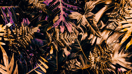 tropical leaf nature background, gold color toned