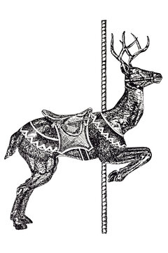 Isolated carousel reindeer ink sketch in black