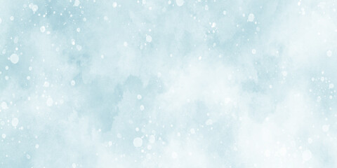 Abstract light blur defocused blue background with bokeh, Beautiful winter background of snow floating into air randomly, light blue bokeh background for wallpaper, invitation, cover and design.	