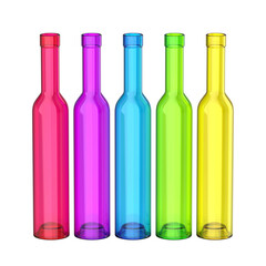Row with empty five glass bottles with different colors on transparent background