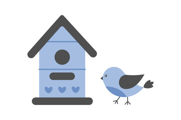 Cute bird and beautiful blue wooden birdhouse. Protection of birds and animals. Bird Day. For design of nursery, children's clothing, postcards. Spring vector illustration in flat cartoon style
