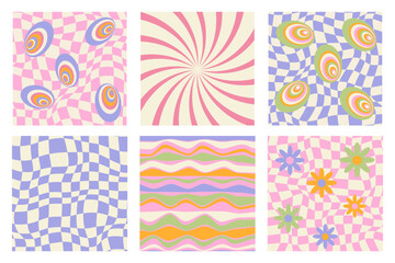 1970s Retro pattern groovy trippy. Trippy Grid, Wavy Swirl Pattern. Poster with 70s retro style. Flowers and psychedelic abstract background. Seventies Style. Hippie Aesthetic. Vector Illustration