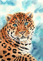 Watercolor illustration of a spotted red leopard with bright blue eyes on a turquoise background