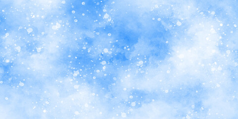 Abstract light blur defocused blue background with bokeh, Beautiful winter background of snow floating into air randomly, light blue bokeh background for wallpaper, invitation, cover and design.	