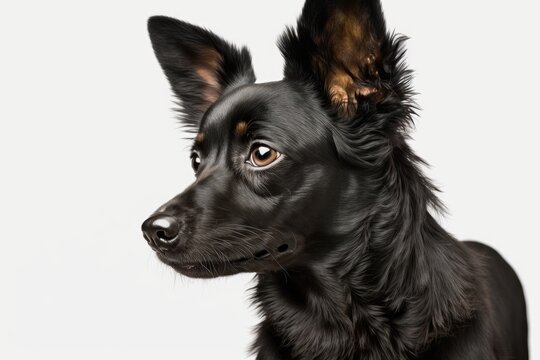 Isolated against a white background, a little black dog is looking sideways. Generative AI