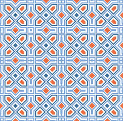 Arabesque geometric tissue pattern. Mosaic square fabric background. Muslim arab style texture with asian decor motifs.