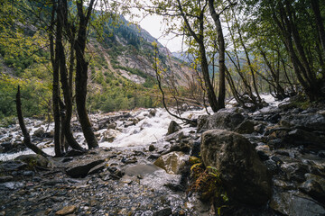 Naklejka na ściany i meble Hiking trail to Chalaadi Glacier in Mestia, Georgia. Summer rainy day. The turbulent flow of the river