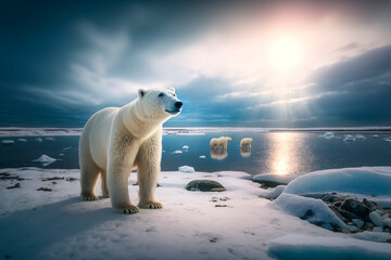 A close-up of a polar bear in the Arctic at the North Pole in the sunlight on a polar day in the snow and ice. Generative AI