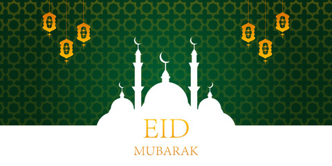 Naklejka premium Eid al Adha Mubarak islamic greeting card design with domed mosqu and hanging lantern in paper cut style. Background vector illustration EPS 10
