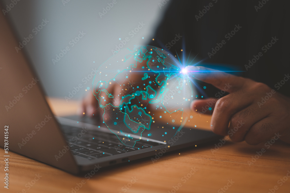 Aufkleber businessman touches global network connection, big data analytics, business intelligence. world map 