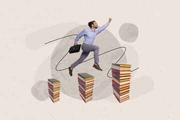 Creative composite photo collage of young businessman running studying more get information read books fist up isolated on gray color background
