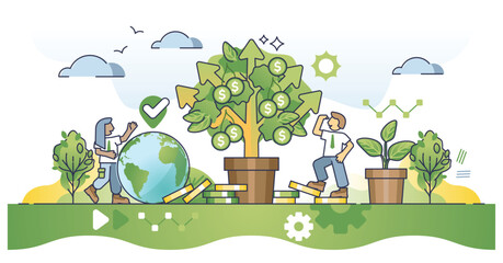 Impact investing or fund on green and sustainable projects outline concept. Grow money tree with successful financial projects vector illustration. Ecological and nature friendly business company.