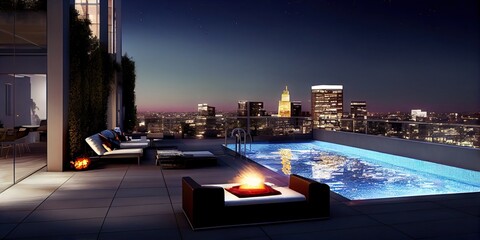 Luxury penthouse apartment terrace with pool overlooking los Angeles skyline, generative AI - obrazy, fototapety, plakaty