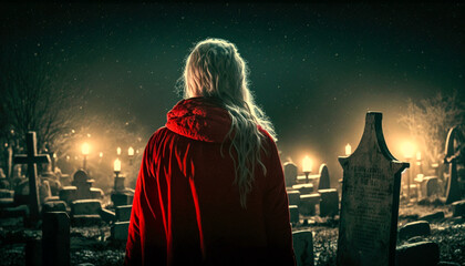 Girl in a red coat stands backwards; young womanin a cemetery, among the graves. Ai llustration, fantasy digital, artificial intelligence artwork
