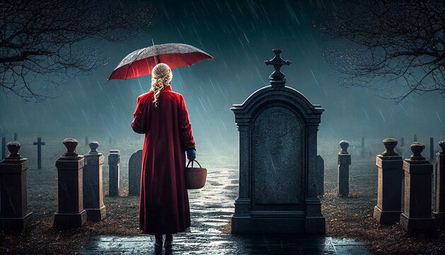 A woman in a red coat stands backwards under an umbrella; a woman is standing in a cemetery, among the graves. Ai llustration, fantasy digital, artificial intelligence artwork