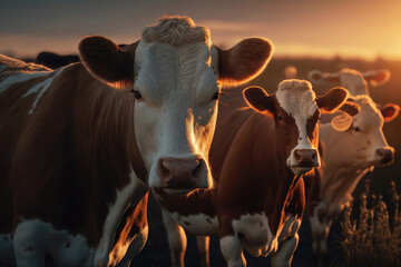 Cows herd on a grass field during the summer at sunset. A cow is looking at the camera sun rays. AI Generation