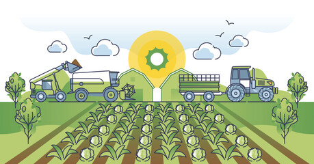 Agribusiness as agricultural business with food industry outline concept. Maximize efficiency for harvesting company profit vector illustration. Vegetables production and boost machinery productivity - obrazy, fototapety, plakaty