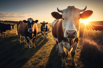 Cows herd on a grass field during the summer at sunset. A cow is looking at the camera sun rays. AI Generation