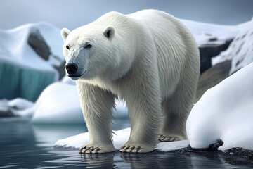Obraz na płótnie Canvas Polar Bear (Ursus maritimus) Polar bear on the shore against the background of snow and ice floes - Generative AI