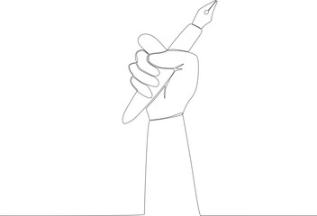 A right hand holding a mini vector pen. World press day one line drawing