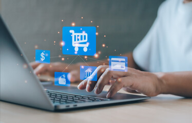 concept of online shopping and payment digital bank electronic wallet, man using a notebook computer to shop online credit card payment digital marketing technology or e commerce